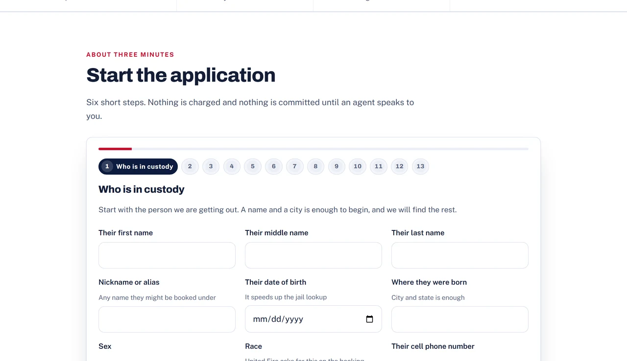 The first step of the online bail application from our Abba rebuild, which asks only for a name and a city