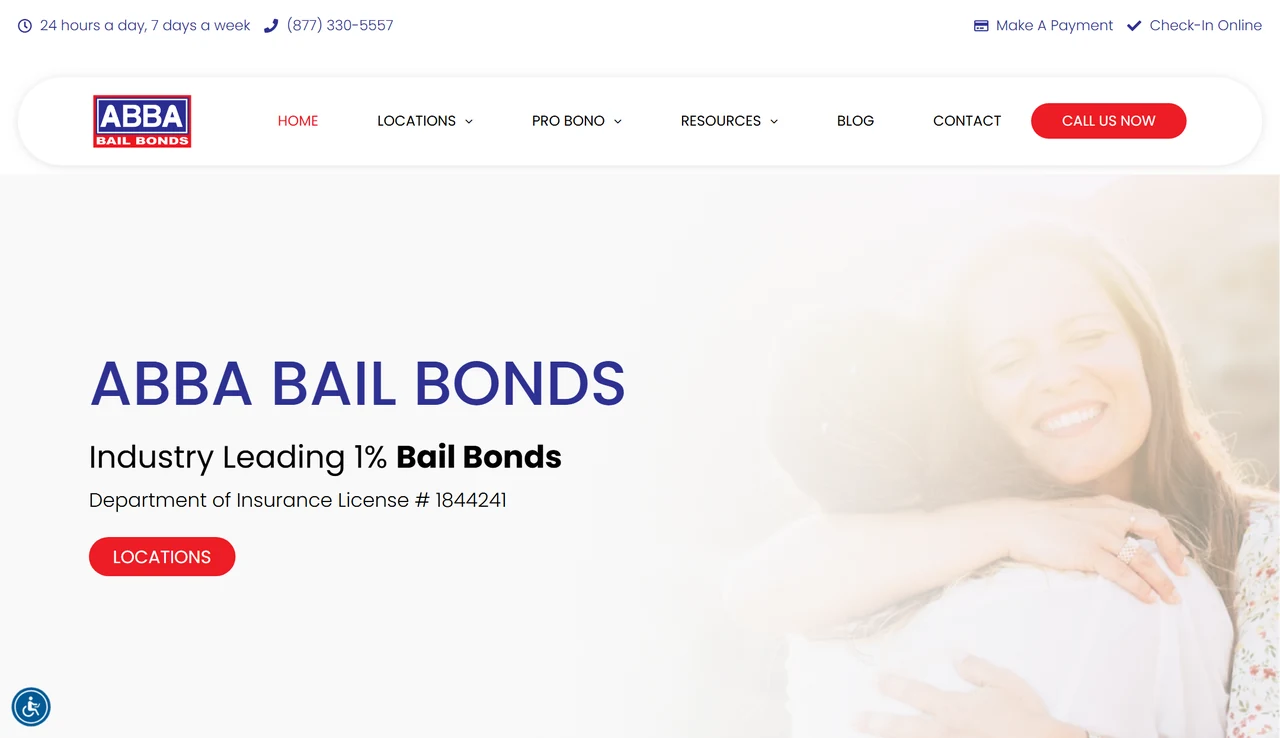 The Abba Bail Bonds home page as it stands today