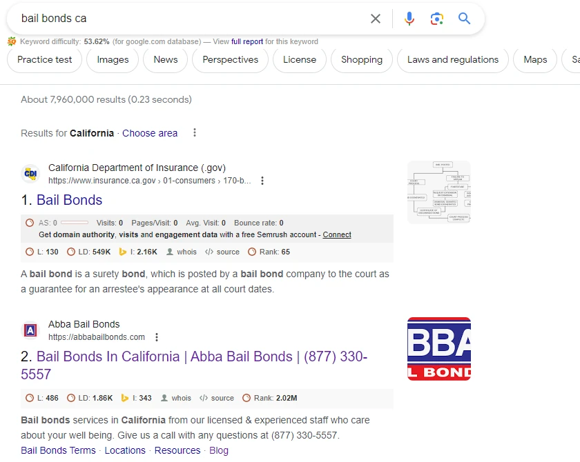 Google results for bail bonds ca with Abba second behind the state Department of Insurance