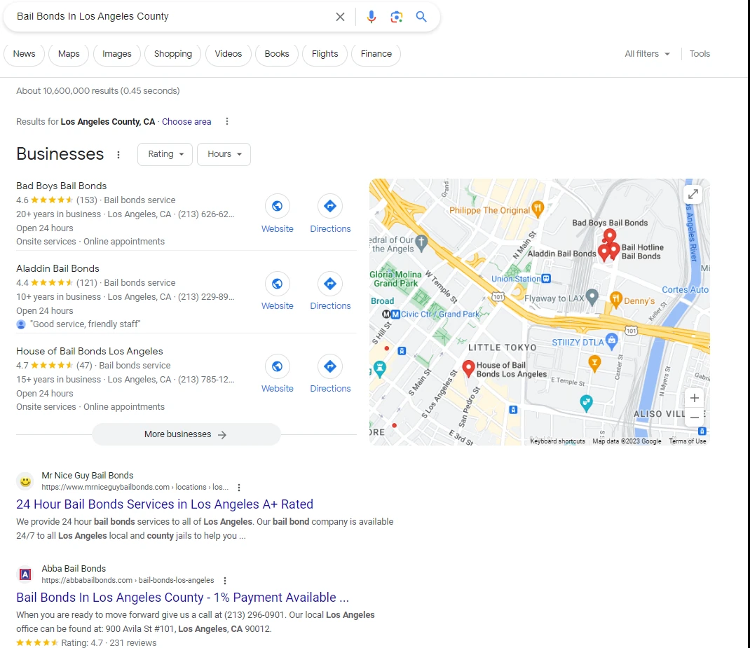 Google results for bail bonds in Los Angeles County with Abba in the top organic results
