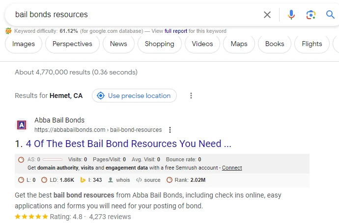 Google results for bail bonds resources with Abba first